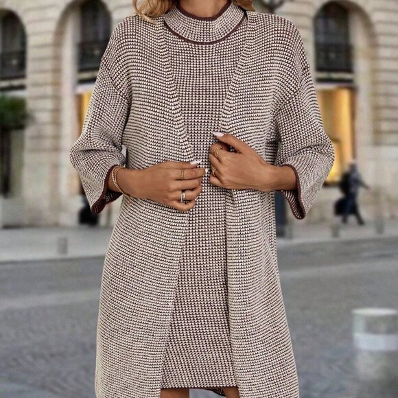 brown Casual Women's Long Sleeve Cardigan & Stand Collar mini dress set - Picture 3 of 6